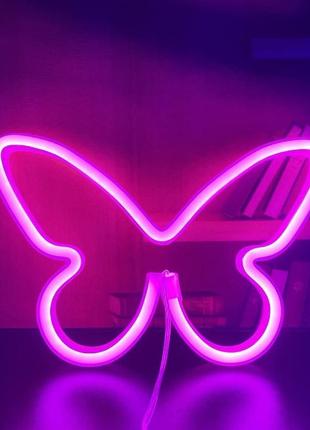 Настенный неоновый светильник ночник бабочка butterfly розовая5 фото