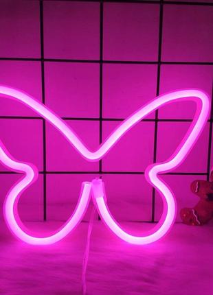 Настенный неоновый светильник ночник бабочка butterfly розовая2 фото