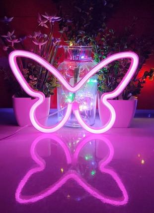Настенный неоновый светильник ночник бабочка butterfly розовая6 фото