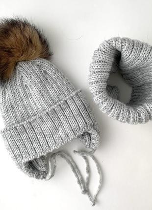 Комплект шапка та хомут зима сірий 50-56см