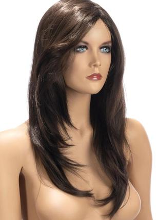Челка длинные волосы шатенка каштановый волнистые локоны парик world wigs olivia long chestnut