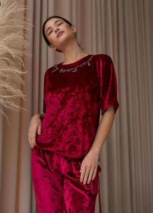 Комплект зі штанами і футболкою на зав'язці - мармуровий велюр