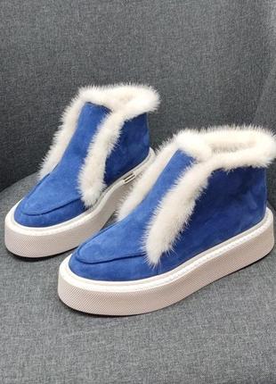 Блакитні джинсові черевики з хутром норки натуральна замша зима на хутрі осінь1 фото