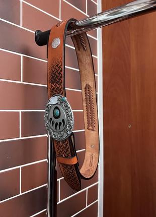 Винтажный кожаный ремень siskiyou 1995 made in mexico usa с гравировкой лапы медведя...