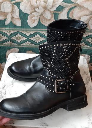 Ботинки утепленные черные блестящие с камешками ботинки сапоги осенне зимние челси сапожки2 фото
