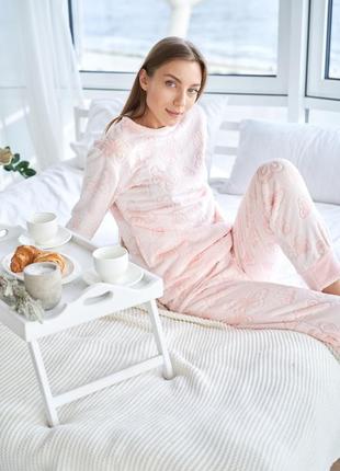 Тепла плюшева піжама, махровий домашній костюм, персиковий комплект кофта і штани4 фото