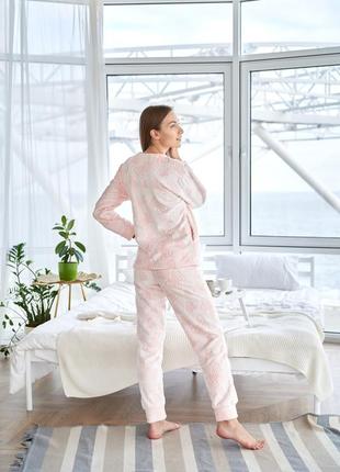 Тепла плюшева піжама, махровий домашній костюм, персиковий комплект кофта і штани7 фото