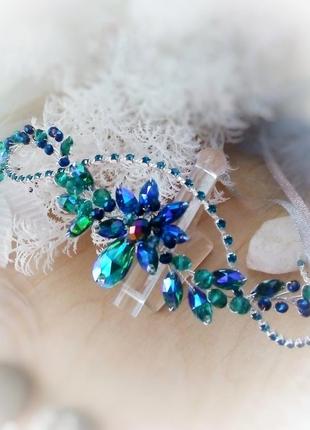 Мальва синий изумрудный зелёный диадема обруч венок ободок косплей налобное украшение двустороннее эльф фея6 фото