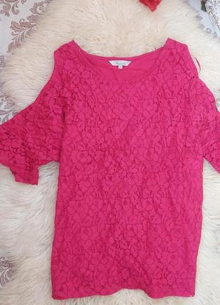 Розовая кружевная блуза батал шикарная большого размера