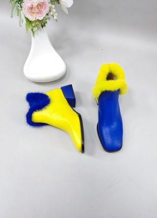 Жіночі хайтопи з натуральної шкіри хай патріотичного кольору жовто-блакитного натуральною норкою на вибір на каблуку 3 см6 фото