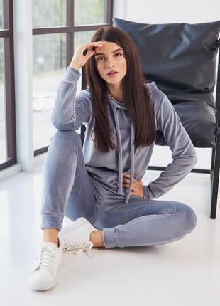 Костюм двойка женский, велюровый спортивный, хлопковый, худи кенгуру с капюшоном, штаны, серый