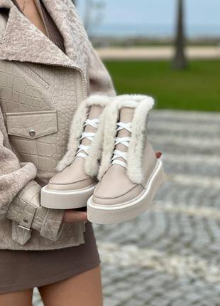 Высокие теплые кожаные лоферы с мехом норки бежевые цвет по выбору2 фото