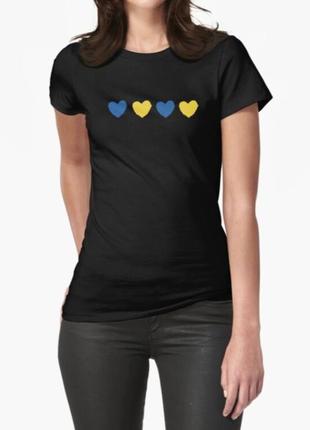 Женская патриотическая футболка с принтом сердечки украина черный s1 фото