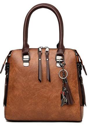 Жіноча сумка набір 4 в 1 комплект сумочка клатч візитниця на плече + брелок коричневий2 фото