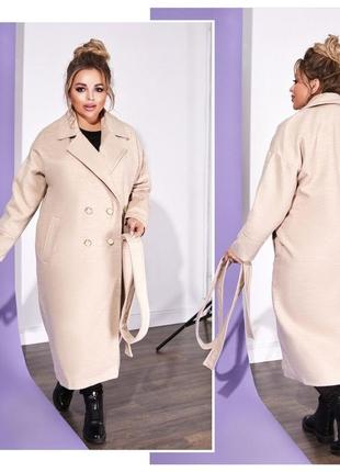 Пальто женское красивое деловое длинное ниже колен кашемировое на пуговицах с поясом размеры 48-58 арт-94782 фото