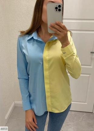 Патріотична жіноча блузка-сорочка жовто-блакитна з довгим рукавом великих розмірів батал 48-54 арт 1312