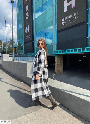 Модне осіннє жіноче пальто турецький кашемір на підкладці в клітинку на запах із поясом вільний крій арт-39874 фото