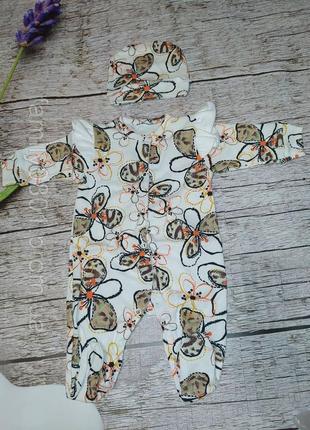 Дитячий комплект з 2-х предм.: чоловічок інтерлок набивн + шапка. "квіти", розмір 56, 62, 68