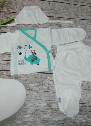 Детский комплект слоник, чепчик+распашонка+ползунок,размер 56,кулир