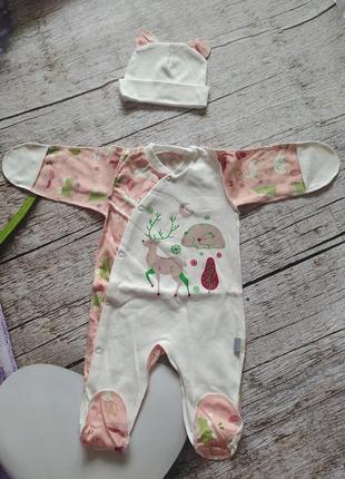Комплект чоловічок на кнопках+шапочка для новонароджених ліс р.56,62, рожевий,для дівчинки, зі зовнішніми швами