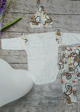 Детский комплект для девочки, чепчик+ползунок +боди "цветы", размер 56,62,68