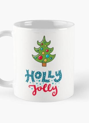 Чашка керамічна кружка з принтом ялинка холли holly jolly біла 330 мл