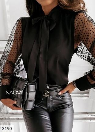 Нарядная красивая женская блуза черная с длинными рукавами из сетки и бантом р-ры 42-44,46-48 арт 10032 фото