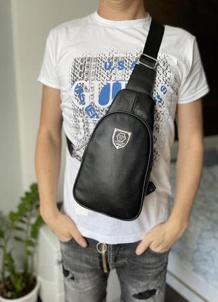 Модная кожаная сумка слинг philipp plein, мужская нагрудная сумка из натуральной кожи1 фото