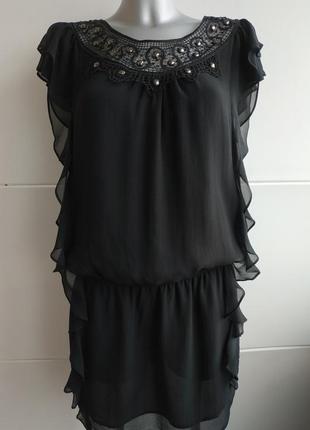 Короткое платье-туника 100% шелк oasis черно цвета с кружевом и декором на горловине1 фото