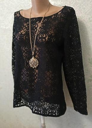 Шикарна чорна ажурна кофтинка туніка з шифоновою спинкою р.12