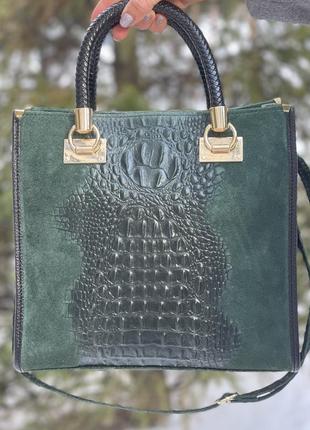 Замшевая темно-зеленая сумка с принтом под крокодила, италия2 фото