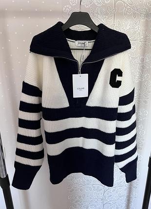 Модный стильный фирменный свитер в полоску под горло на молнии
