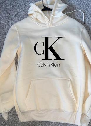 Мужской зимний худи кенгуру толстовка с капюшоном на флисе calvin klein кльвин кляйн белый