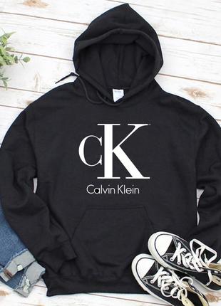 Женский осенний худи кенгуру толстовка с капюшоном calvin klein кльвин кляйн чёрный