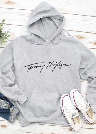 Мужской осенний худи кенгуру толстовка с капюшоном tommy hilfiger томми хилфигер серый