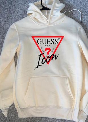 Женский зимний худи кенгуру толстовка с капюшоном на флисе guess гесс белый