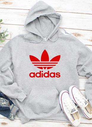 Женский осенний худи кенгуру толстовка с капюшоном adidas адидас серый