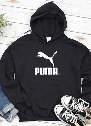 Женский осенний худи кенгуру толстовка с капюшоном puma пума чёрный