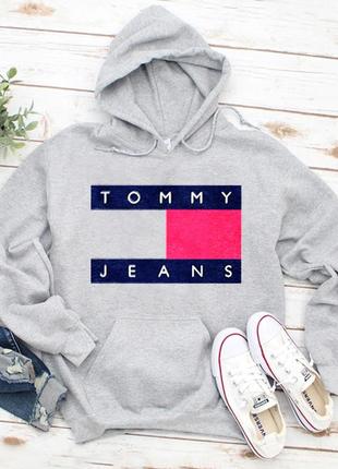 Женский осенний худи кенгуру толстовка с капюшоном tommy jeans томми джинс серый