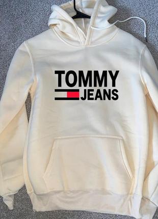 Женский зимний худи кенгуру толстовка с капюшоном на флисе tommy jeans томми джинс белый