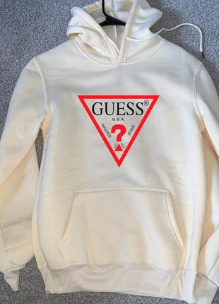 Мужской зимний худи кенгуру толстовка с капюшоном на флисе guess гесс белый