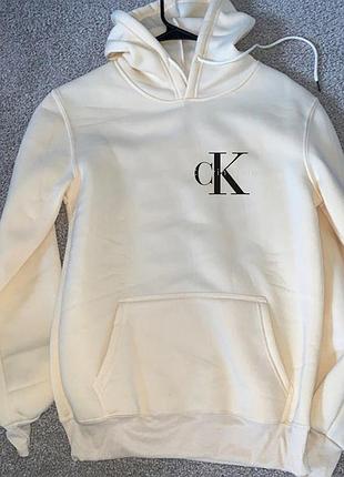 Женский зимний худи кенгуру толстовка с капюшоном на флисе calvin klein кльвин кляйн белый