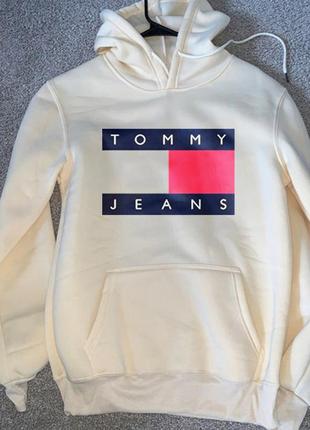 Женский зимний худи кенгуру толстовка с капюшоном на флисе tommy jeans томми джинс белый