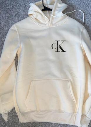 Мужской зимний худи кенгуру толстовка с капюшоном на флисе calvin klein кльвин кляйн белый