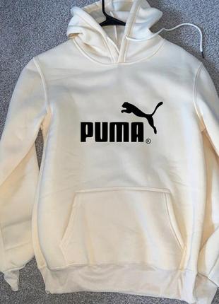 Женский зимний худи кенгуру толстовка с капюшоном на флисе puma пума белый