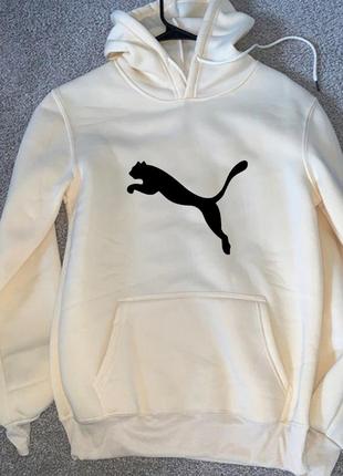 Женский зимний худи кенгуру толстовка с капюшоном на флисе puma пума белый