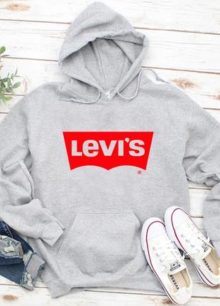 Мужской осенний худи кенгуру толстовка с капюшоном levis левис серый