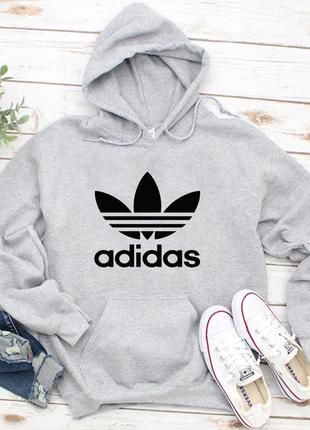 Чоловічий осінній худі кенгуру толстовка з капюшоном adidas адідас сірий