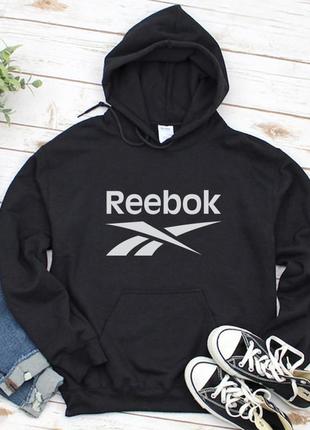 Мужской осенний худи кенгуру толстовка с капюшоном reebok рибок чёрный1 фото