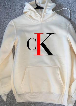 Мужской зимний худи кенгуру толстовка с капюшоном на флисе calvin klein кльвин кляйн белый